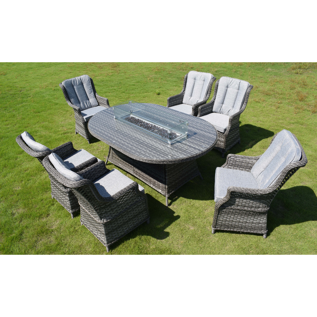 AMALFI 6 SEATER OVAL FIRE PIT DINING SET - DARK GREY OUTDOOR FURNITURE