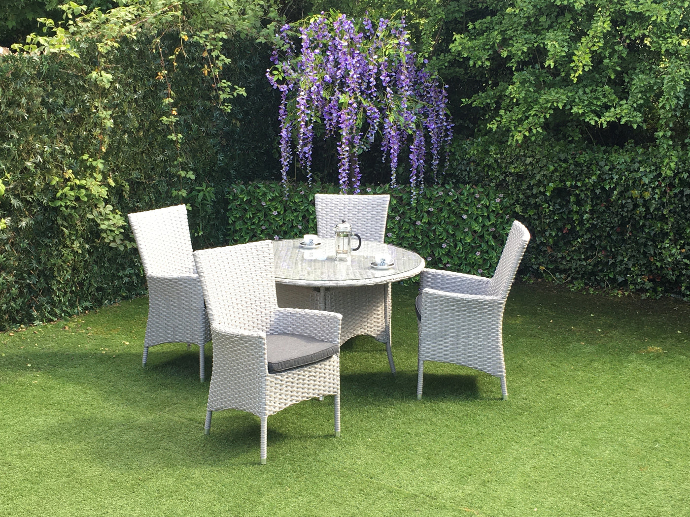 4 SEATER TABLE AND CHAIRS TEMPERED GLASS TABLE TOP WITH DOUBLE FLAT WEAVE - OUTDOOR FURNITURE