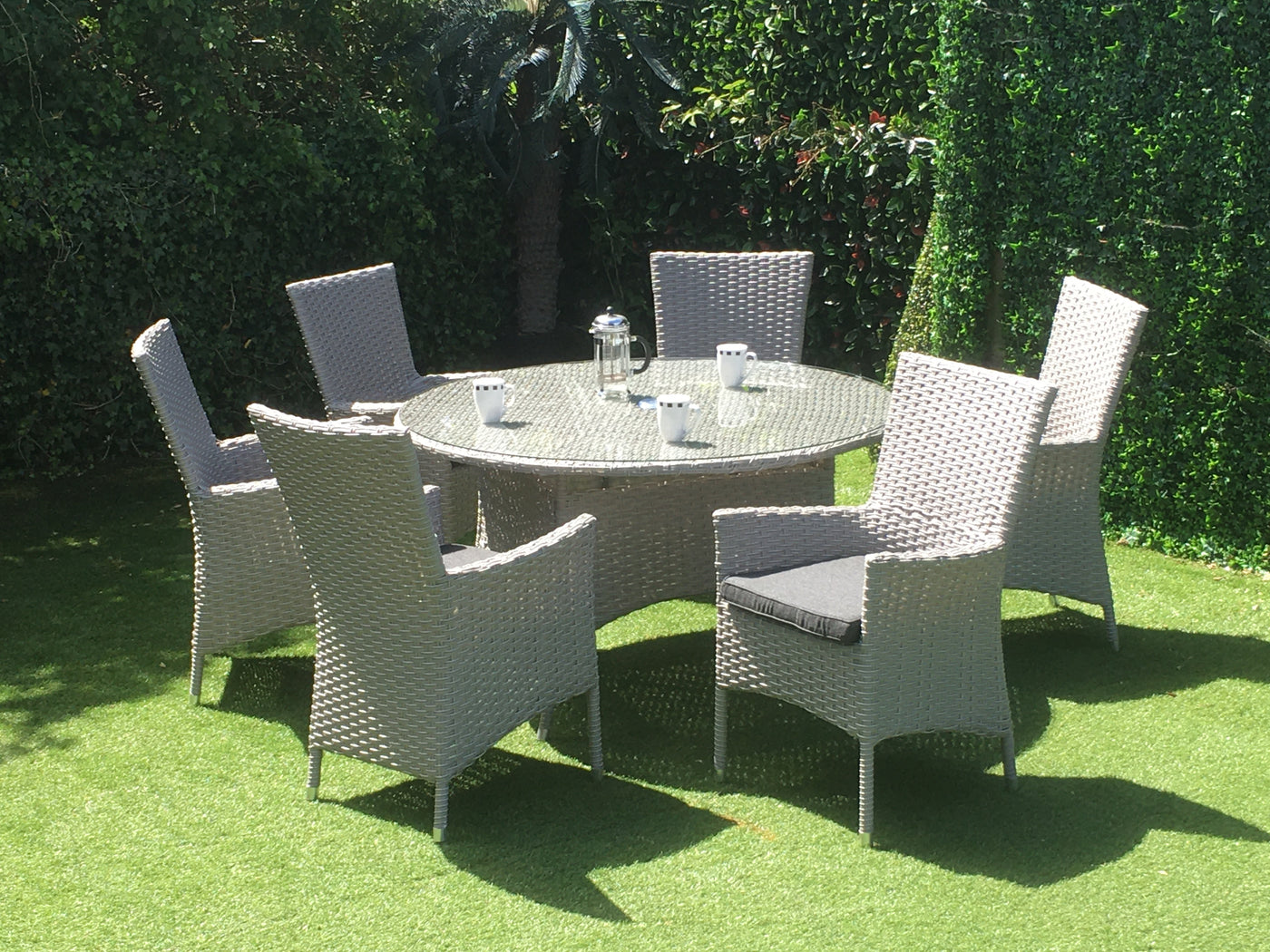 6 SEATER TABLE AND CHAIRS TEMPERED GLASS TABLE TOP WITH DOUBLE FLAT WEAVE - OUTDOOR FURNITURE