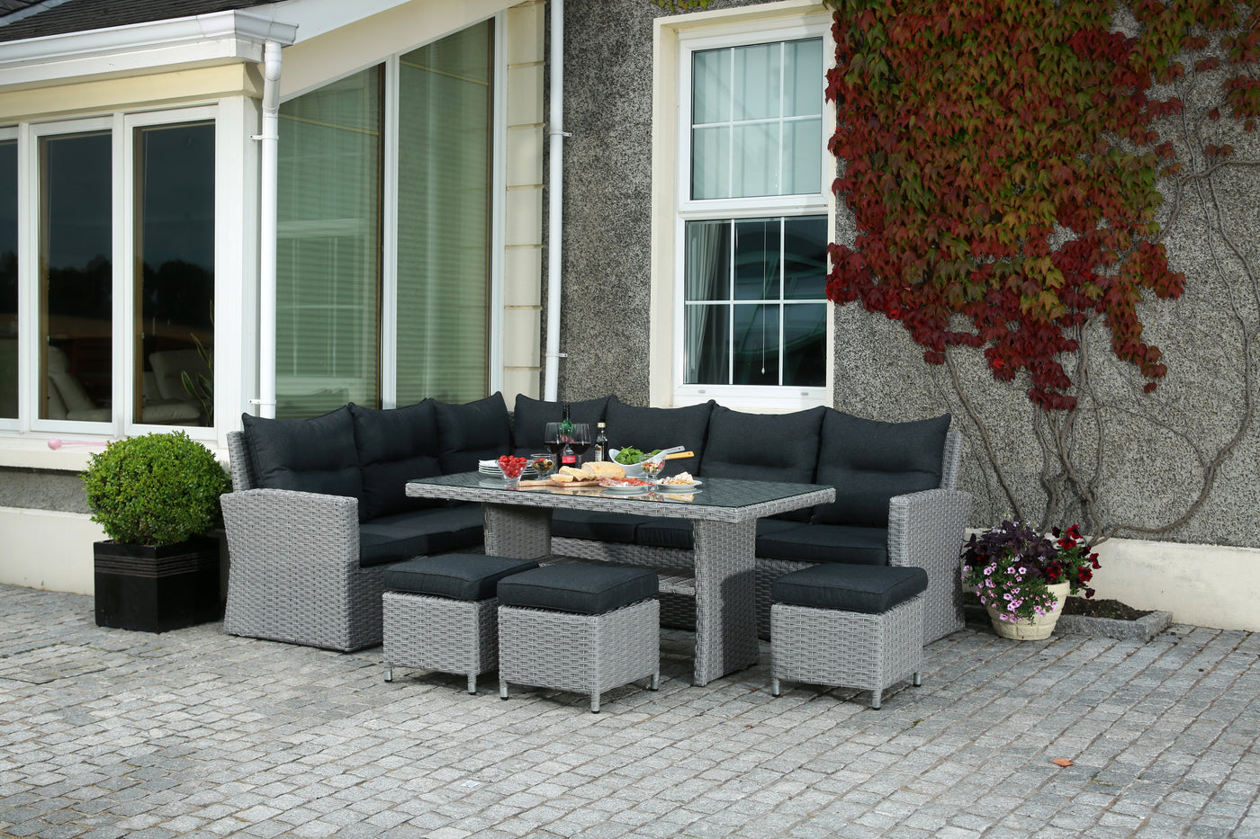 DINNING TABLE WITH SOFA'S AND 3 STOOLS - OUTDOOR FURNITURE